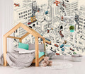 Cartoon Comics City Nursery Room Fabric Wallpaper Kids Bedroom Hand-Painted Graffiti wall Mural-W 88" X H 59"(36