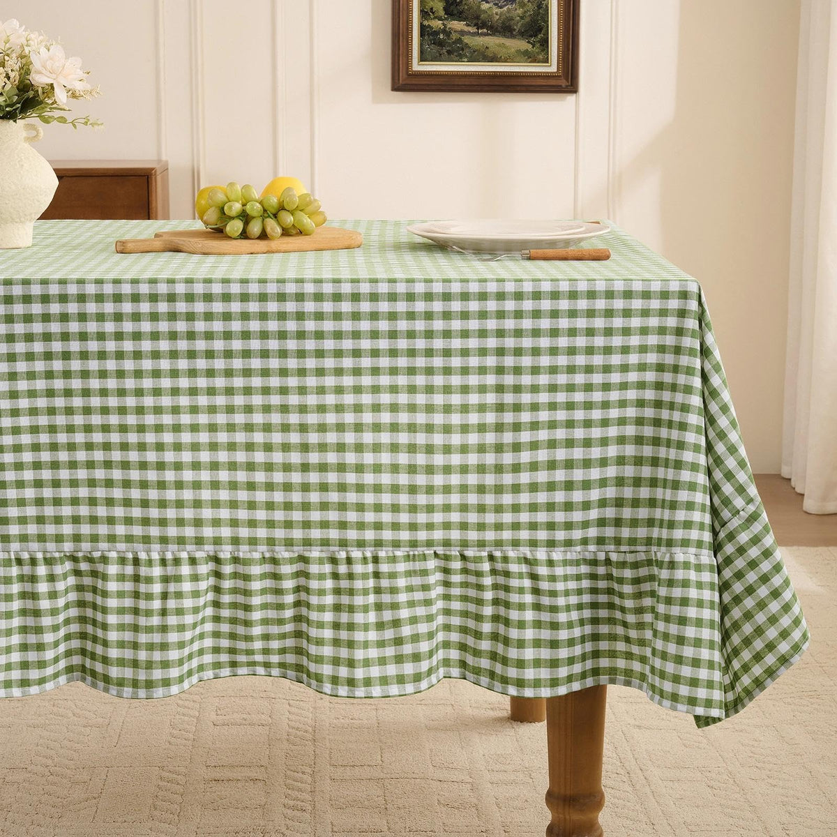 Gingham Ruffled Tablecloth Rectangle, 60 x 84 Inch, Sage Green