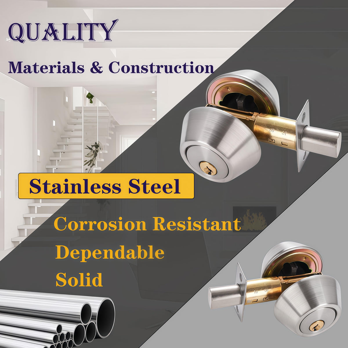 Silver Steel Double-Head Cylinder Deadbolt, keyed 2 Sides