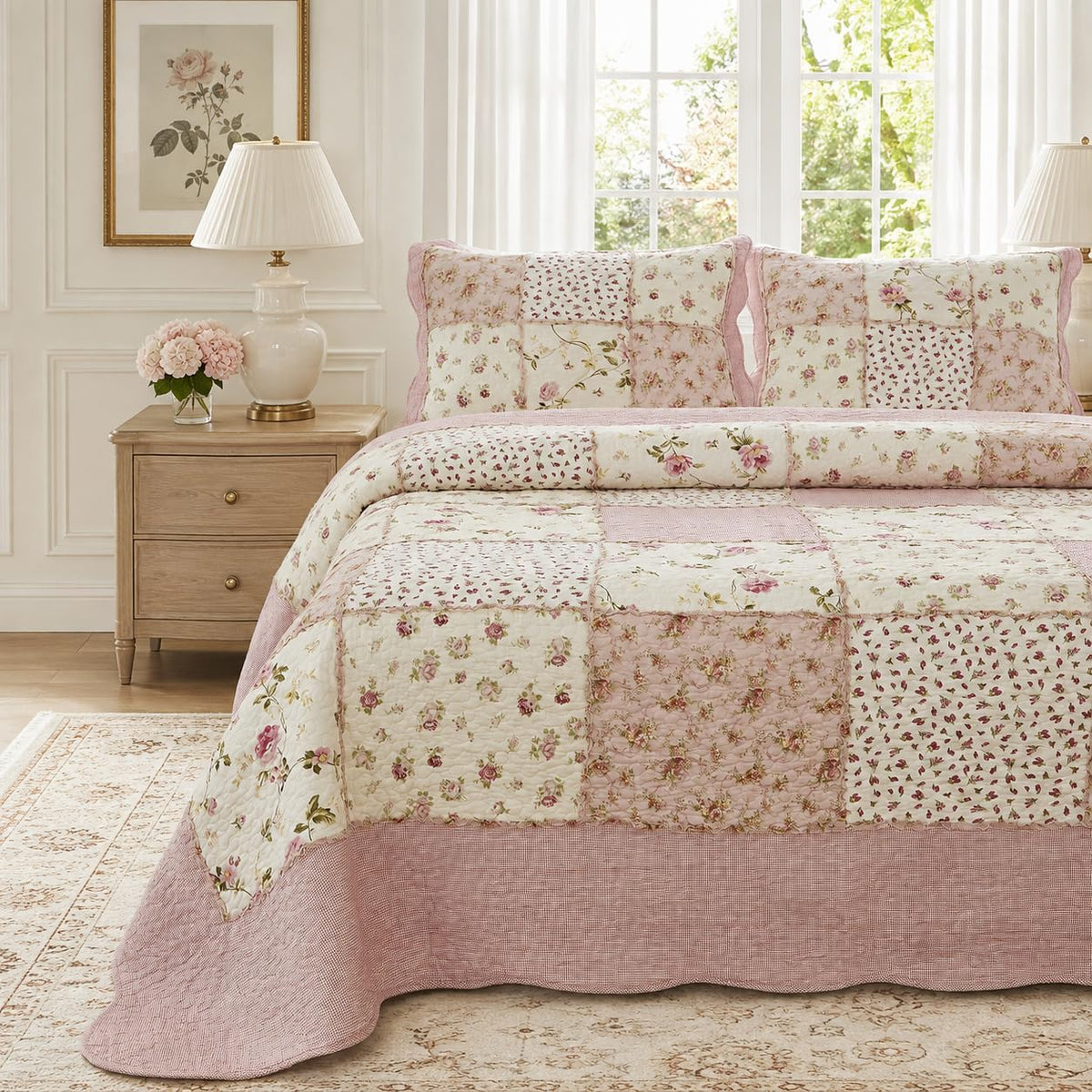 Pink Patchwork Quilts Cotton Rose Floral Quilt 3-Piece