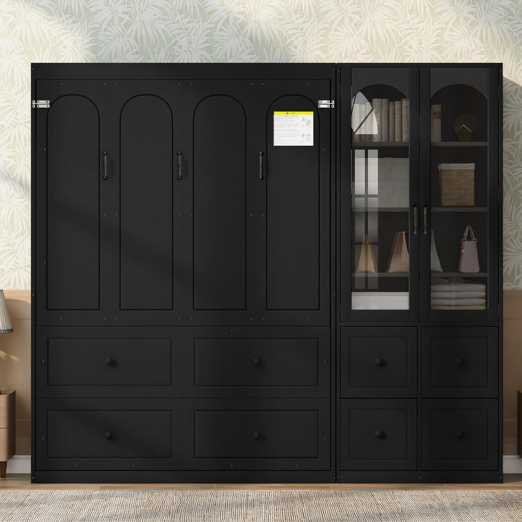 Queen Murphy Bed with Storage Drawers and Cabinet, Solid Wood Foldable Hidden Vertical Murphy Wall Bed with Storage