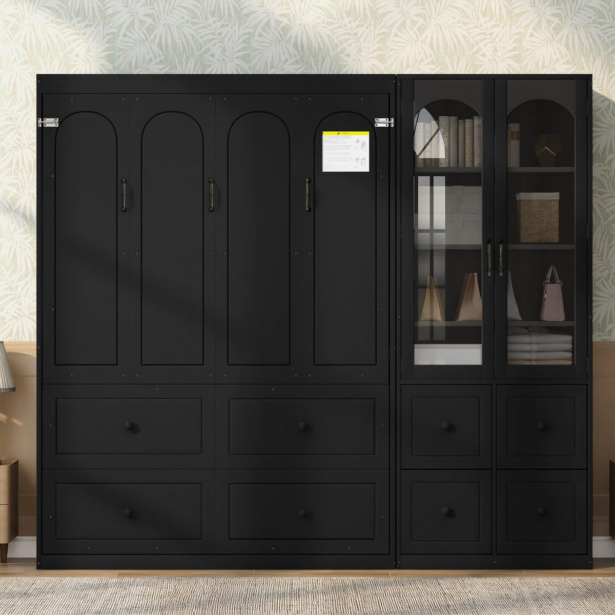 Queen Murphy Bed with Storage Drawers and Cabinet, Solid Wood Foldable Hidden Vertical Murphy Wall Bed with Storage