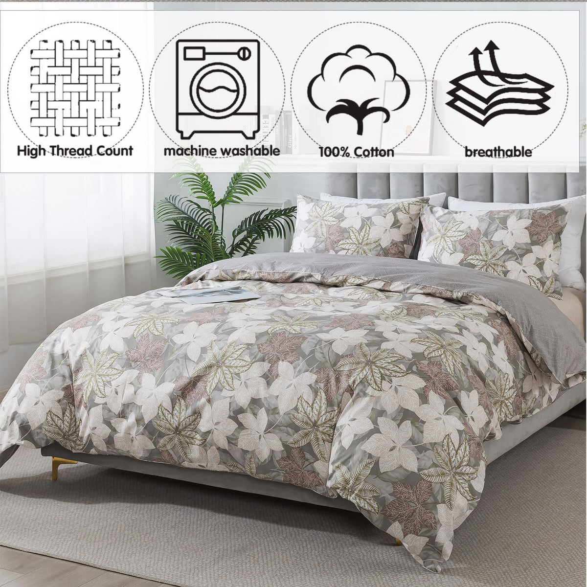 Duvet Cover Sets 100% Cotton Luxury Vintage Leaves Patterned Comforter Cover Farmhouse Bedding for All Season