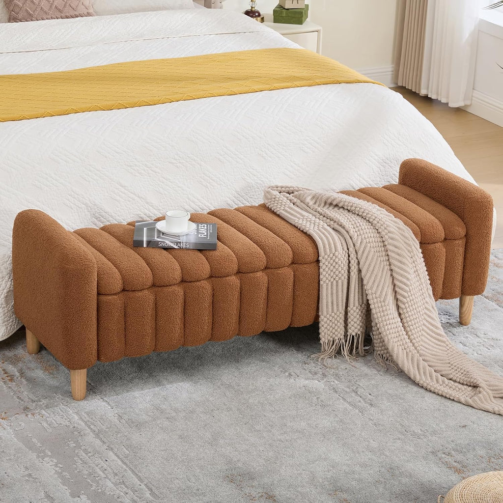 63.4" Storage Ottoman Bench, Flip-Top End of Bed Bench (Caramel) | Teddy Upholstered Entryway Bench, Channel Tufted