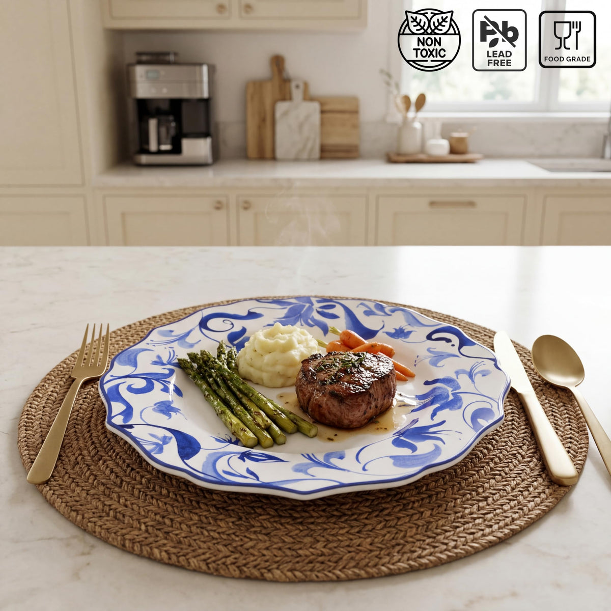 12-Piece Porcelain Dinnerware Set for 4, Blue & White Plates and Bowls Set, Glossy Ceramic Dish Set with Beautiful
