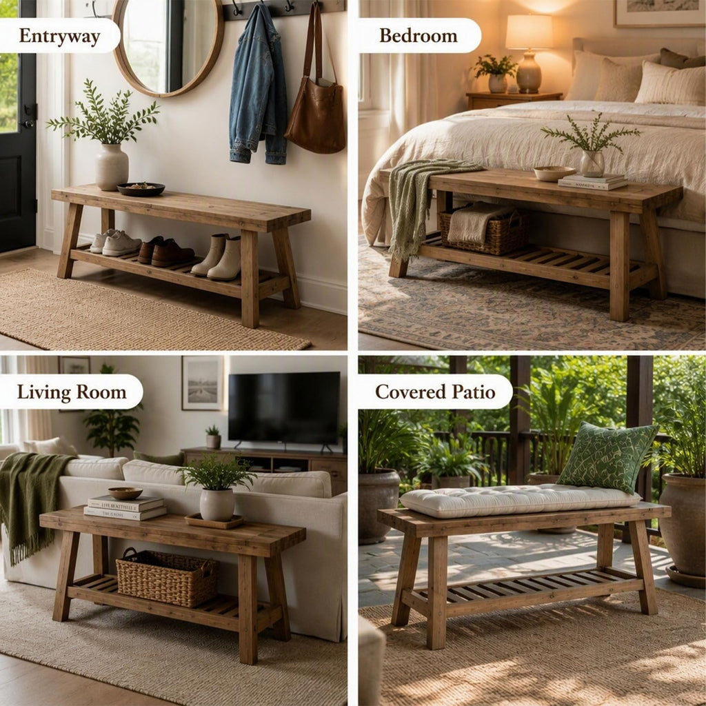 Reclaimed Entryway Bench Solid Wood Bench with Storage Shelf 43.3"