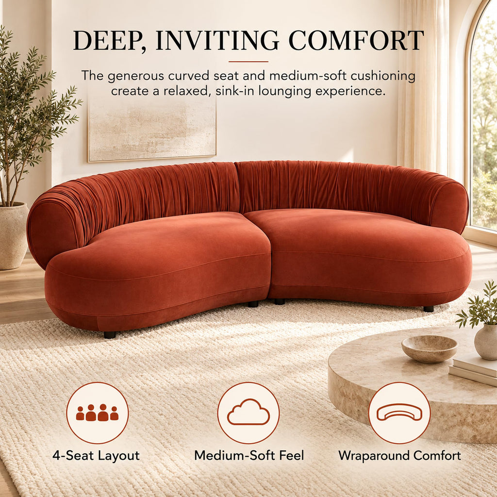 102.36" Curved Sectional, Orange Red Velvet 4-Seat Couch
