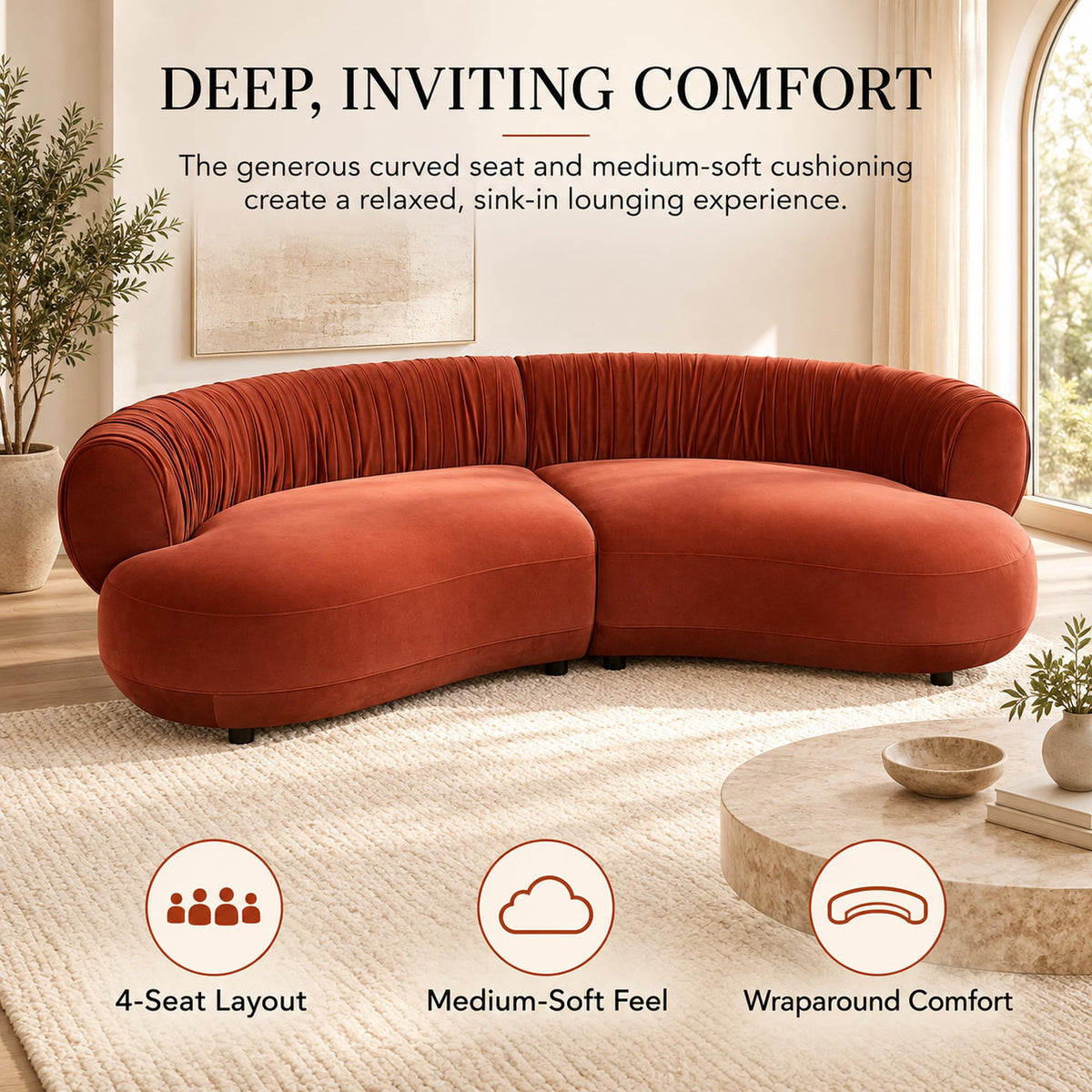 102.36" Curved Sectional, Orange Red Velvet 4-Seat Couch