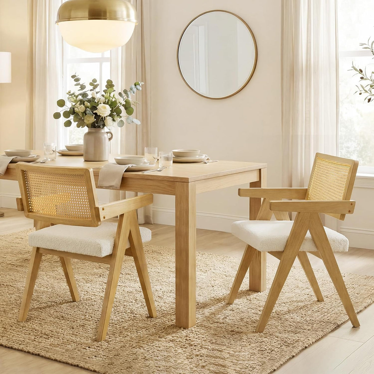 Rattan Dining Chairs Set of 2, Modern Dining Chairs with Cushioned Seat and Solid Wood Frame, Accent Chairs for Dining Room, Kitchen or Living Room, Oak