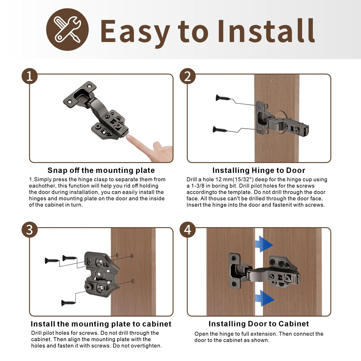 6 Pack Inset Overlay Soft Close Cabinet Hinges 105° Frameless 3 Way Adjustable Soft Close Hinges for Cabinet Doors