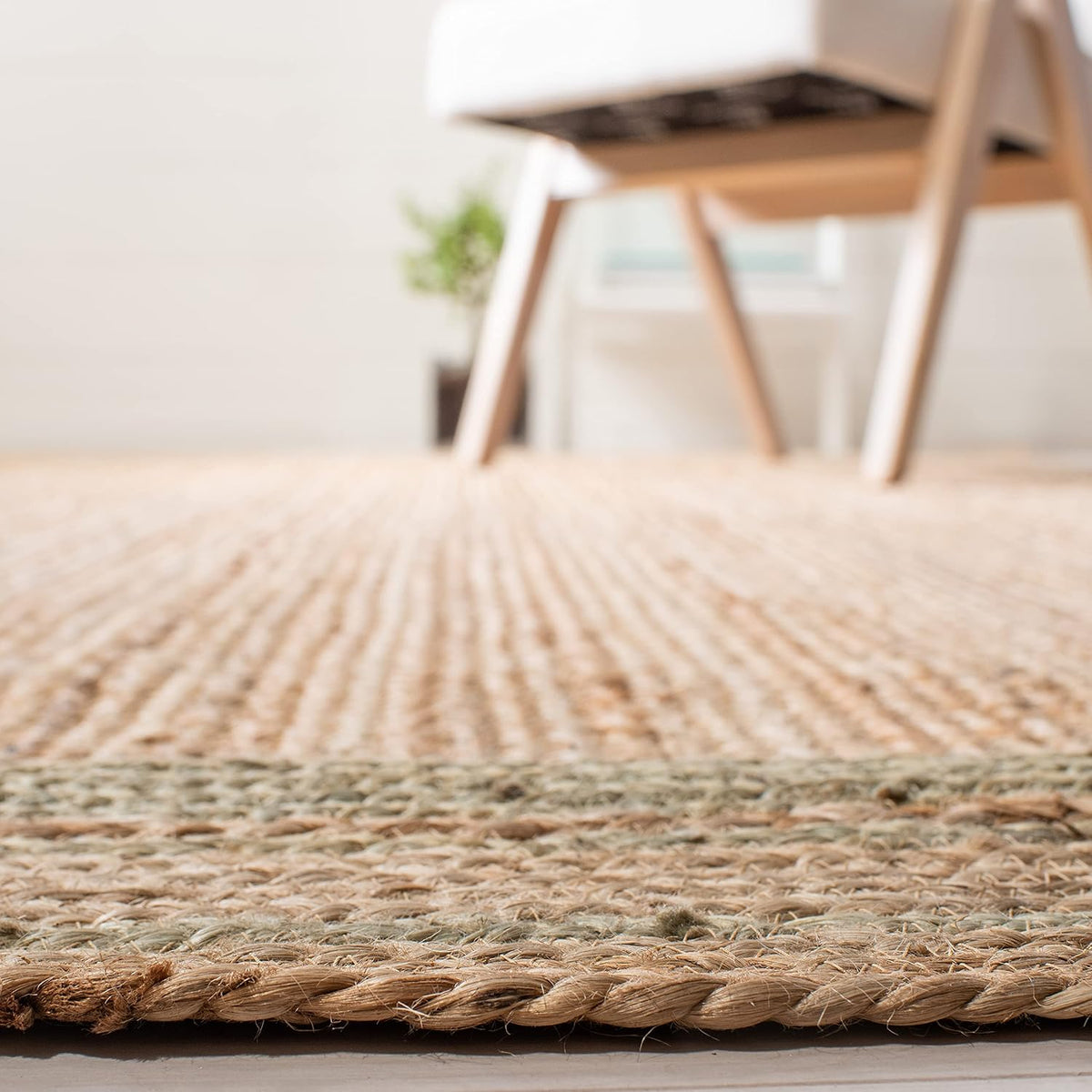 Natural Fiber Collection Area Rug, Green & Natural, Handmade Border Farmhouse Jute, Ideal for High Traffic