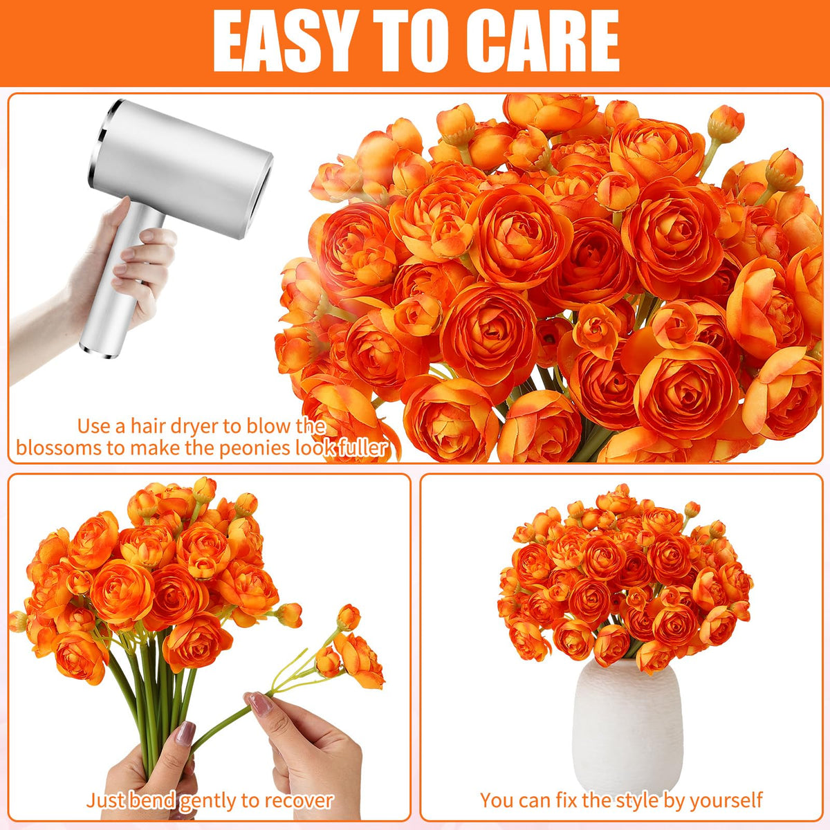5 Bouquets Orange Ranunculus Artificial Flowers