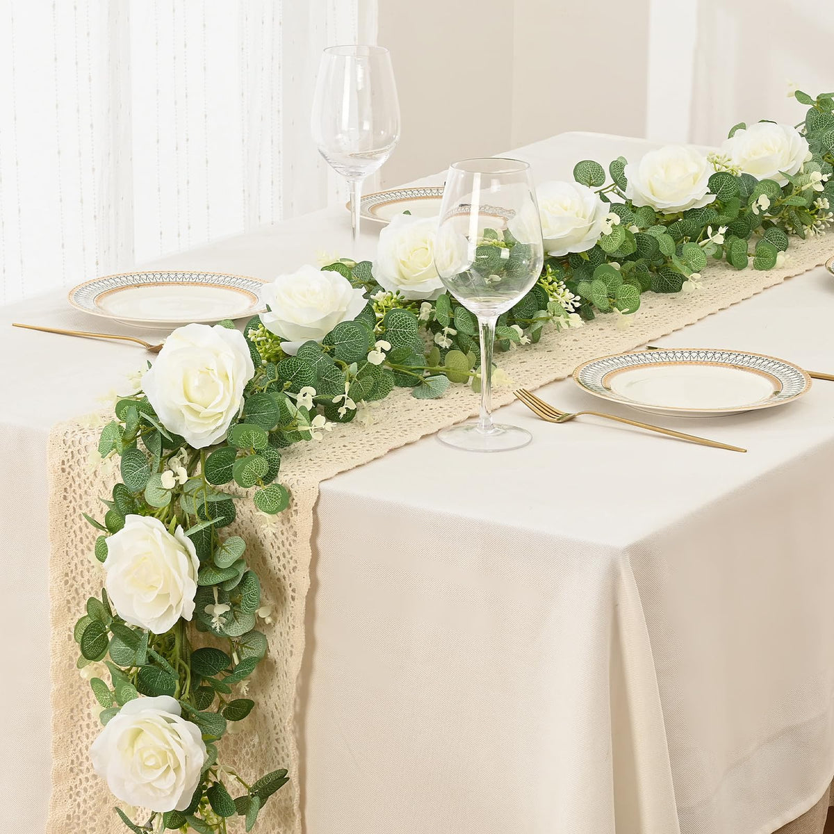 2Pcs 13Ft Artificial Eucalyptus Garlands with Flowers - 8 Roses, Faux Floral Greenery Garlands Fake Flowers Vines for