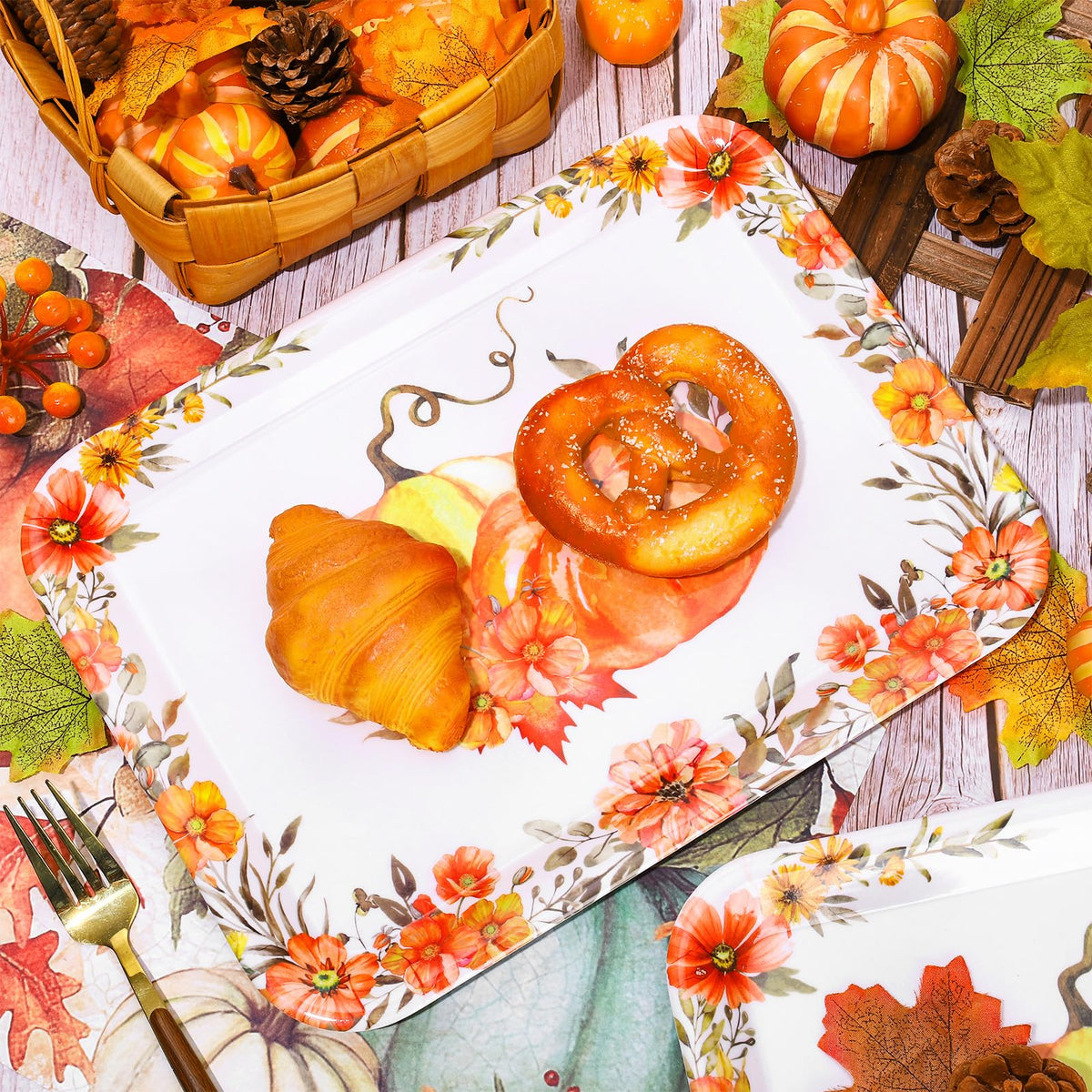 3Pcs Fall Serving Tray, Watercolor Floral Pumpkin, 10 x 13 in