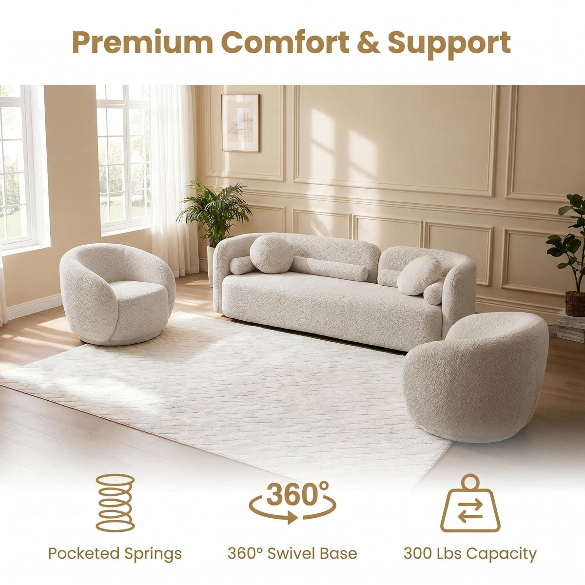 3-Piece Curved Sofa Set, Beige Boucle with Swivel Chairs