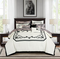 10-Piece Ivory & Black Comforter Set with Sheet Set, Geometric Damask Bed in a Bag Queen Size