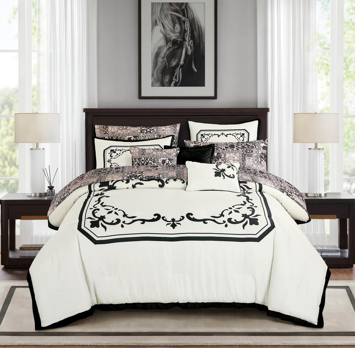 10-Piece Ivory & Black Comforter Set with Sheet Set, Geometric Damask Bed in a Bag Cal King Size