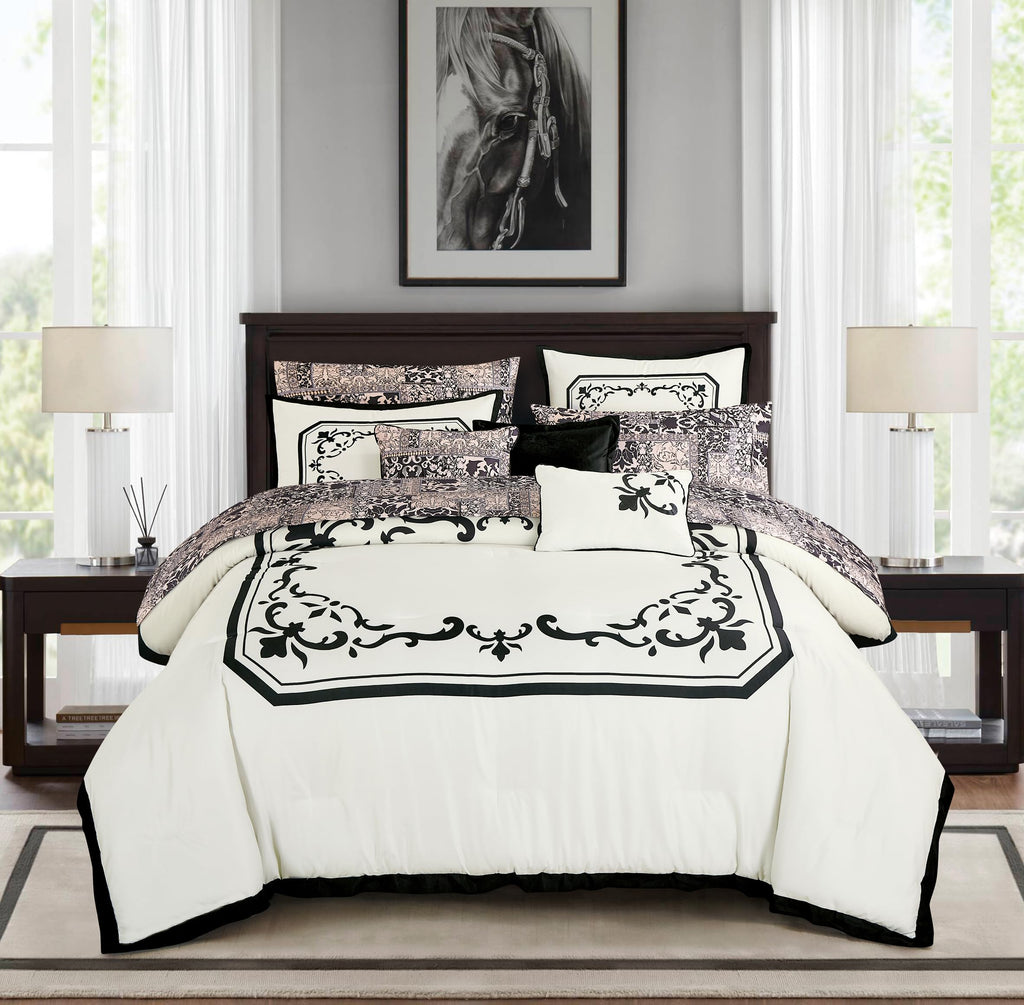 10-Piece Ivory & Black Comforter Set with Sheet Set, Geometric Damask Bed in a Bag