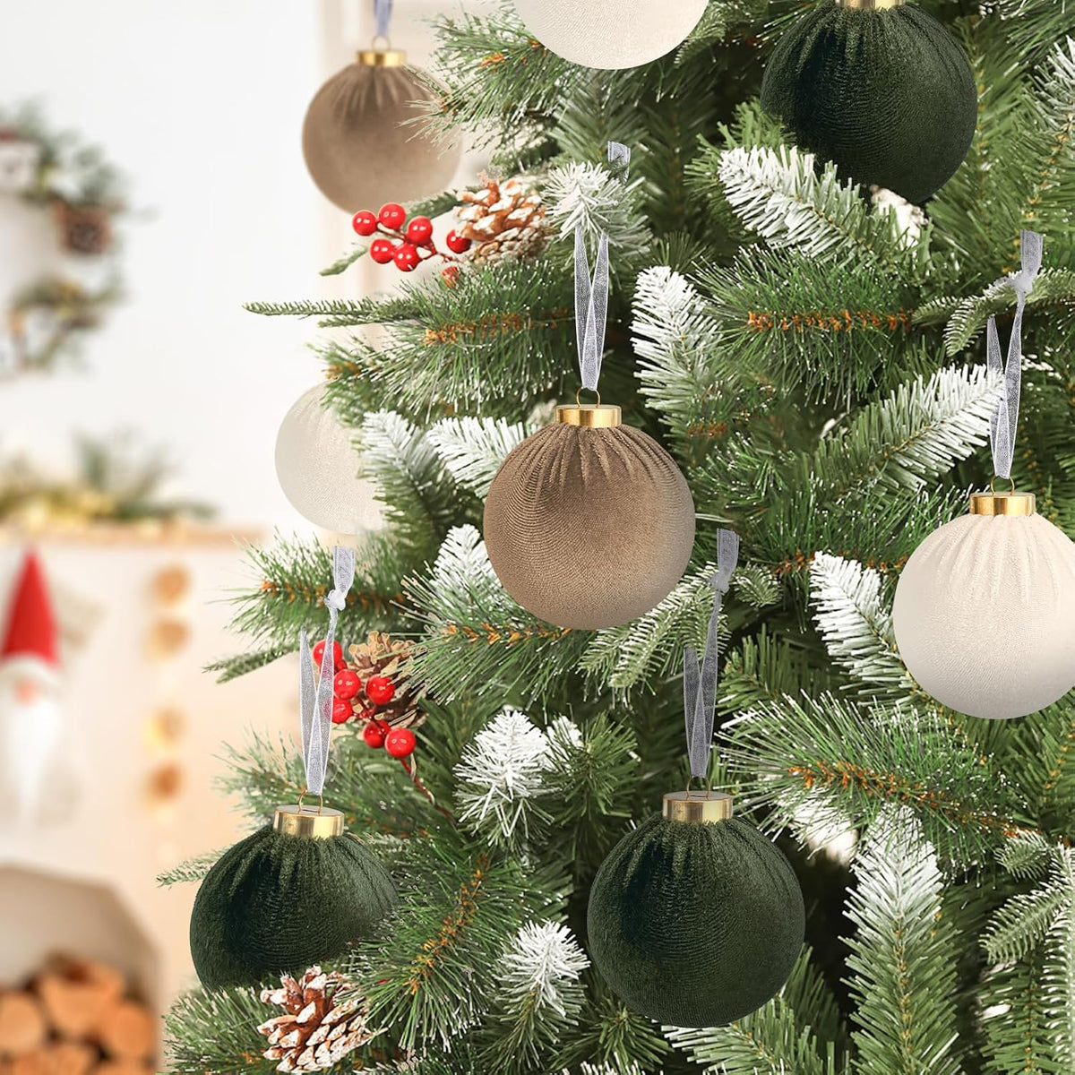 Velvet Ball Christmas Tree Ornaments Set, 15 Pack, Green/Brown, 3.15 in