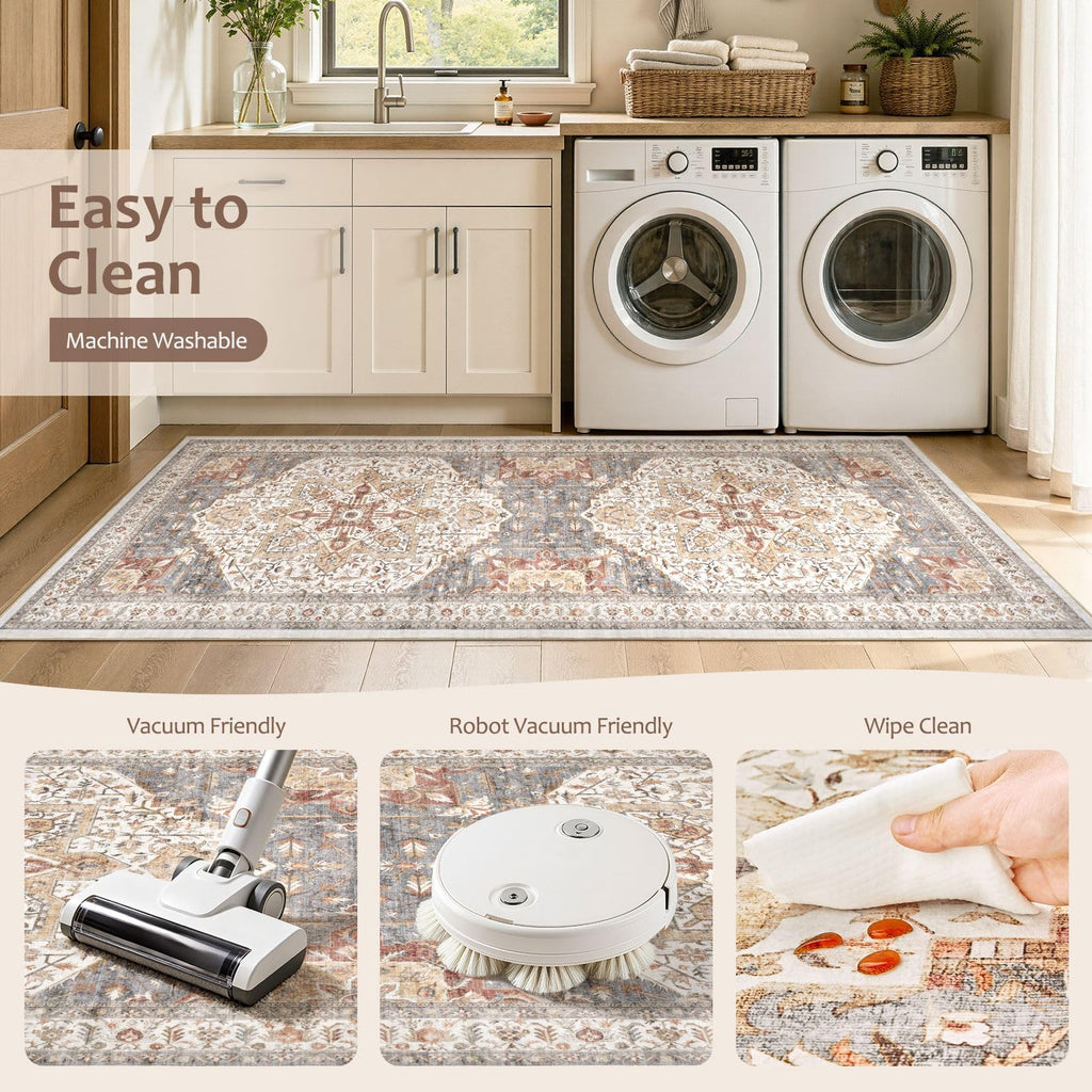 Area Rug 3x8 Runner Rugs - Washable Vintage Oriental Farmhouse Thin Indoor Carpet Bedroom Hallway Entryway Kitchen