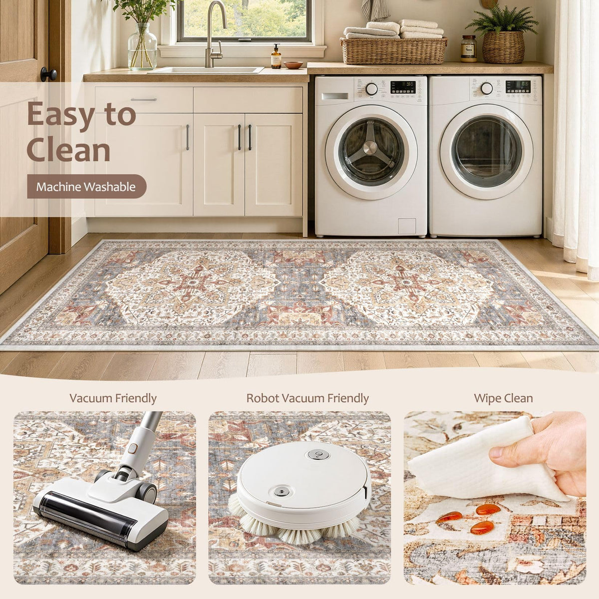 Area Rug 3x8 Runner Rugs - Washable Vintage Oriental Farmhouse Thin Indoor Carpet Bedroom Hallway Entryway Kitchen