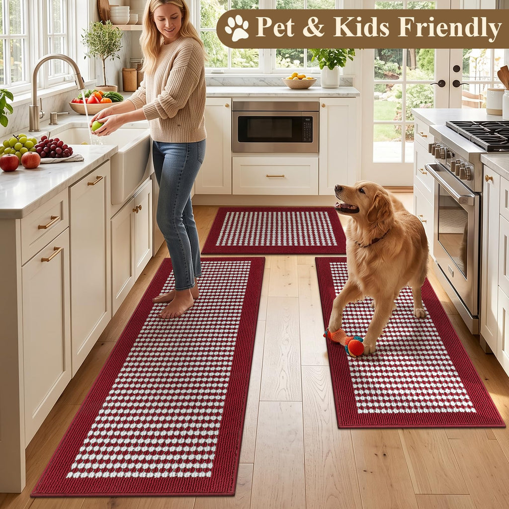 Christmas Kitchen Rugs Set of 3 Piece Washable Red Xmas Runner Rug