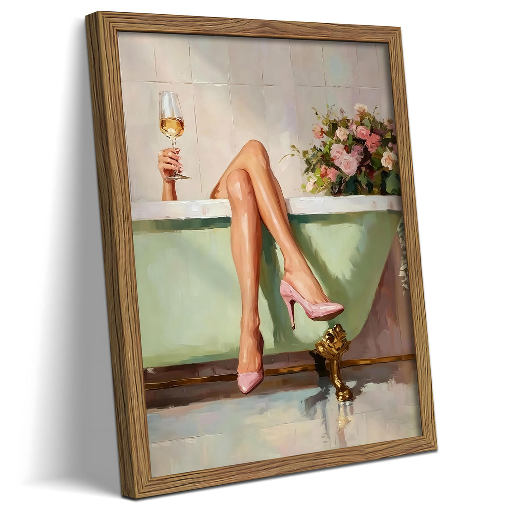 Framed Girl Bathroom Wall Art, Fashion Woman Relaxing in Bathtub Wall Decor Painting Picture, Pink High Heel Wine