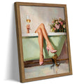 Framed Girl Bathroom Wall Art, Fashion Woman Relaxing in Bathtub Wall Decor Painting Picture, Pink High Heel Wine