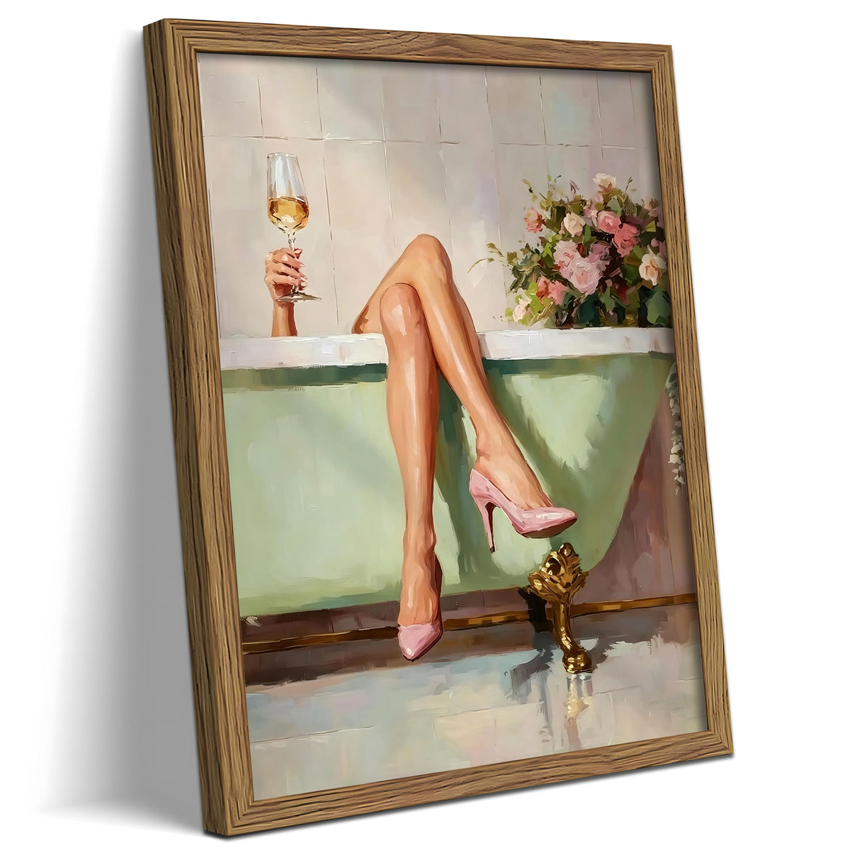 Framed Girl Bathroom Wall Art, Fashion Woman Relaxing in Bathtub Wall Decor Painting Picture, Pink High Heel Wine