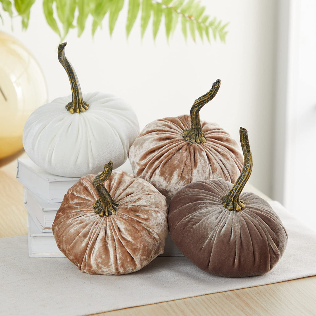 Set of 4, small velvet pumpkins, taupe decor, neutral bowl filler, year round mantel decor, autumn cozy gift for