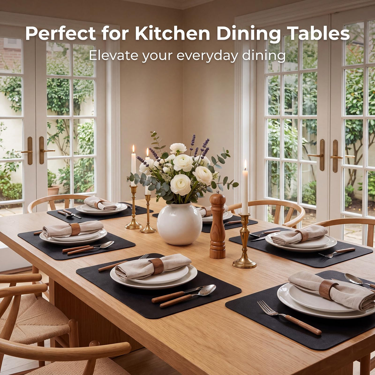 Fall Placemats Set of 6, Heat Resistant Faux Leather, Black