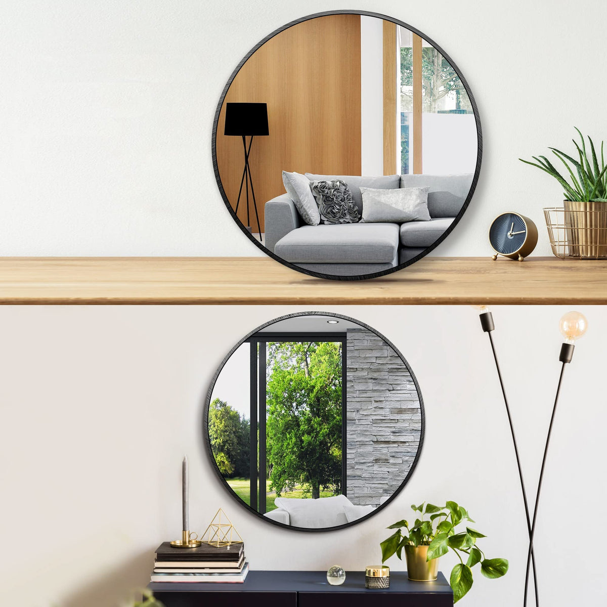 Round Metal Wall Mirror, 12 Inch, Black Frame Bathroom Mirror