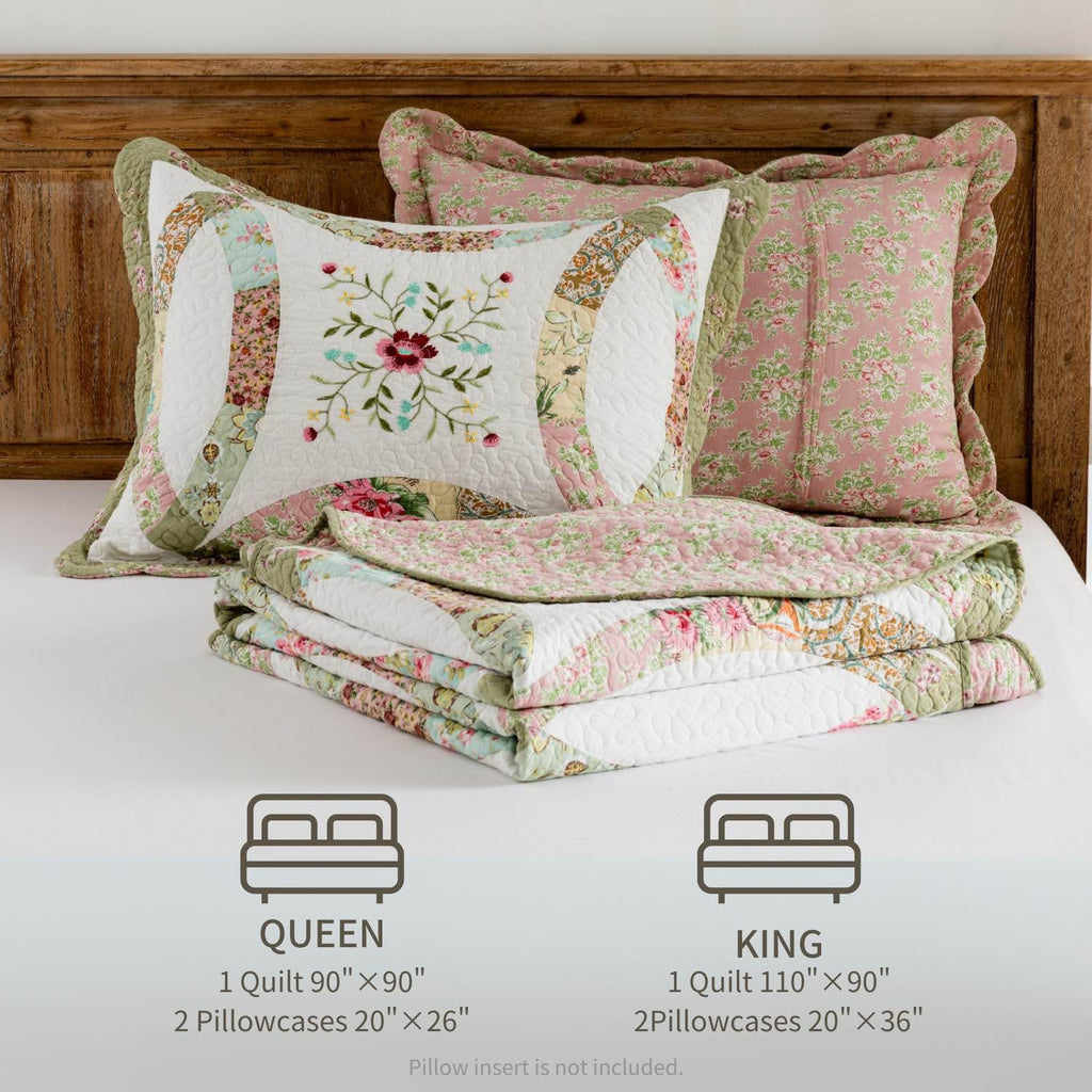 Cotton Real Patchwork Embroidery Quilt Set 3-Piece. 100% Washed Cotton. 376 Hand Cut Patches. Embroidery and Allover