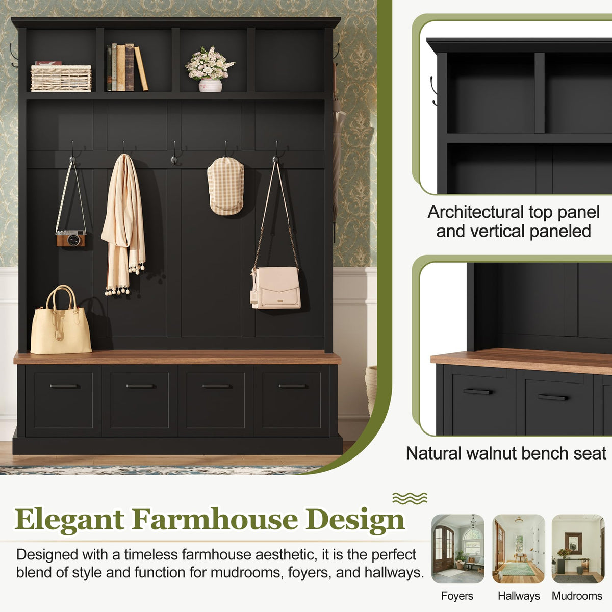 Farmhouse Wood Hall Tree with 6 Hooks and Enclosed Shoe Cabinets, Mudroom Versatile Coat Racks with Open Shelves