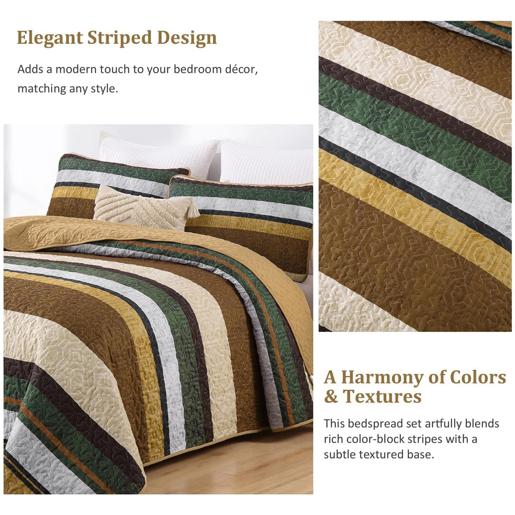 Stripe Quilt Bedding Set, Boho Brown Lightweight Bedspread