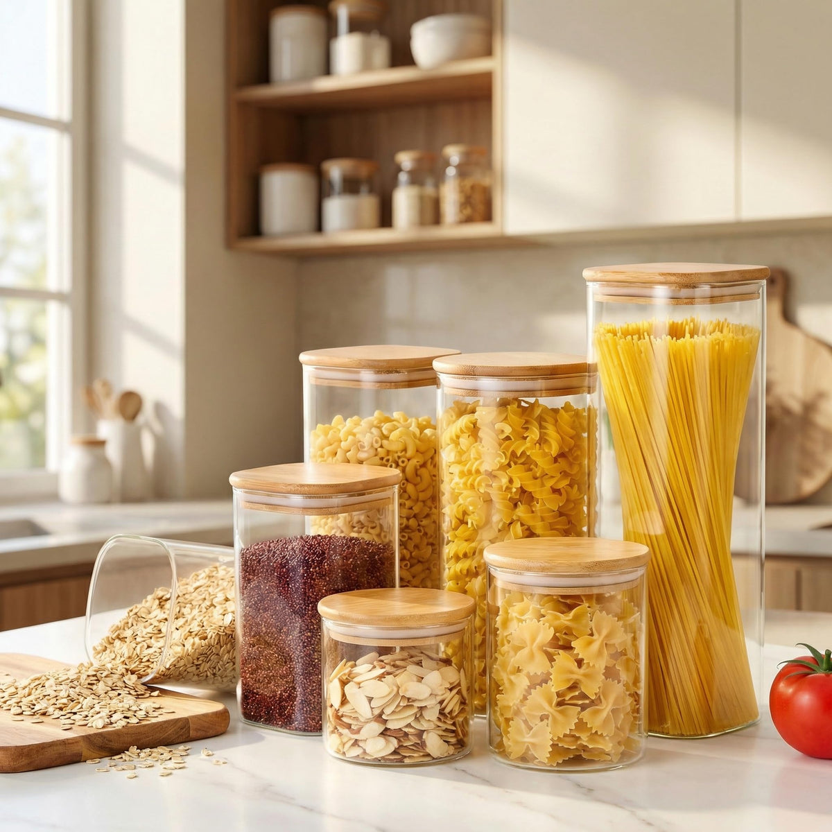 Square Glass Jars with Bamboo Lids [Muti Size Set of 5], Glass Canisters with Airtight Lids, Glass Food Storage