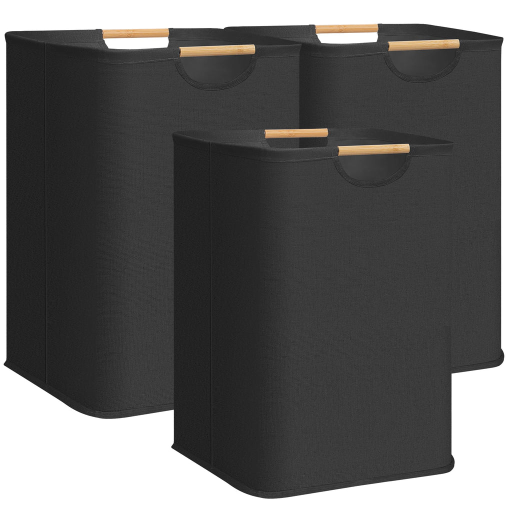 3-Pack Collapsible Laundry Hamper with Bamboo Handles, Black