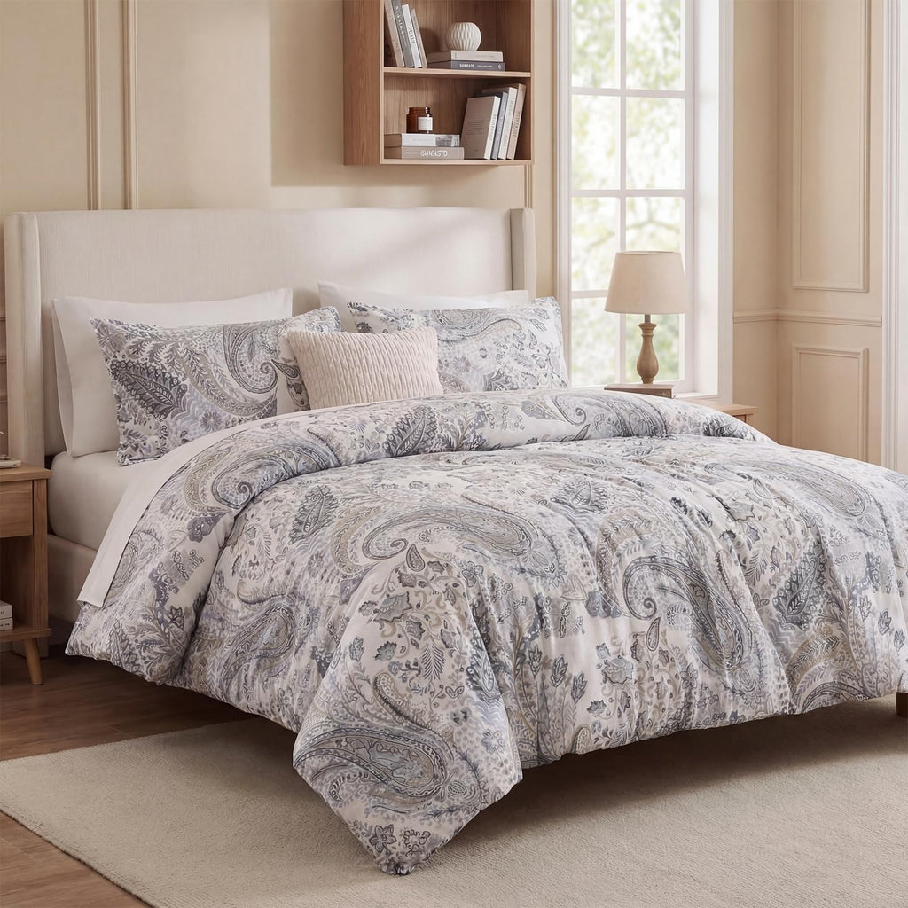 Blue Paisley Duvet Cover Queen Size 100% Cotton Soft & Breathable 3 Pcs Luxury Bedding Duvet Cover Sets with Zipper