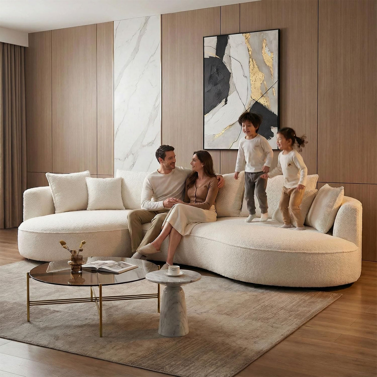 125" Curved Boucle Sectional Sofa, L-Shaped Couch, Beige