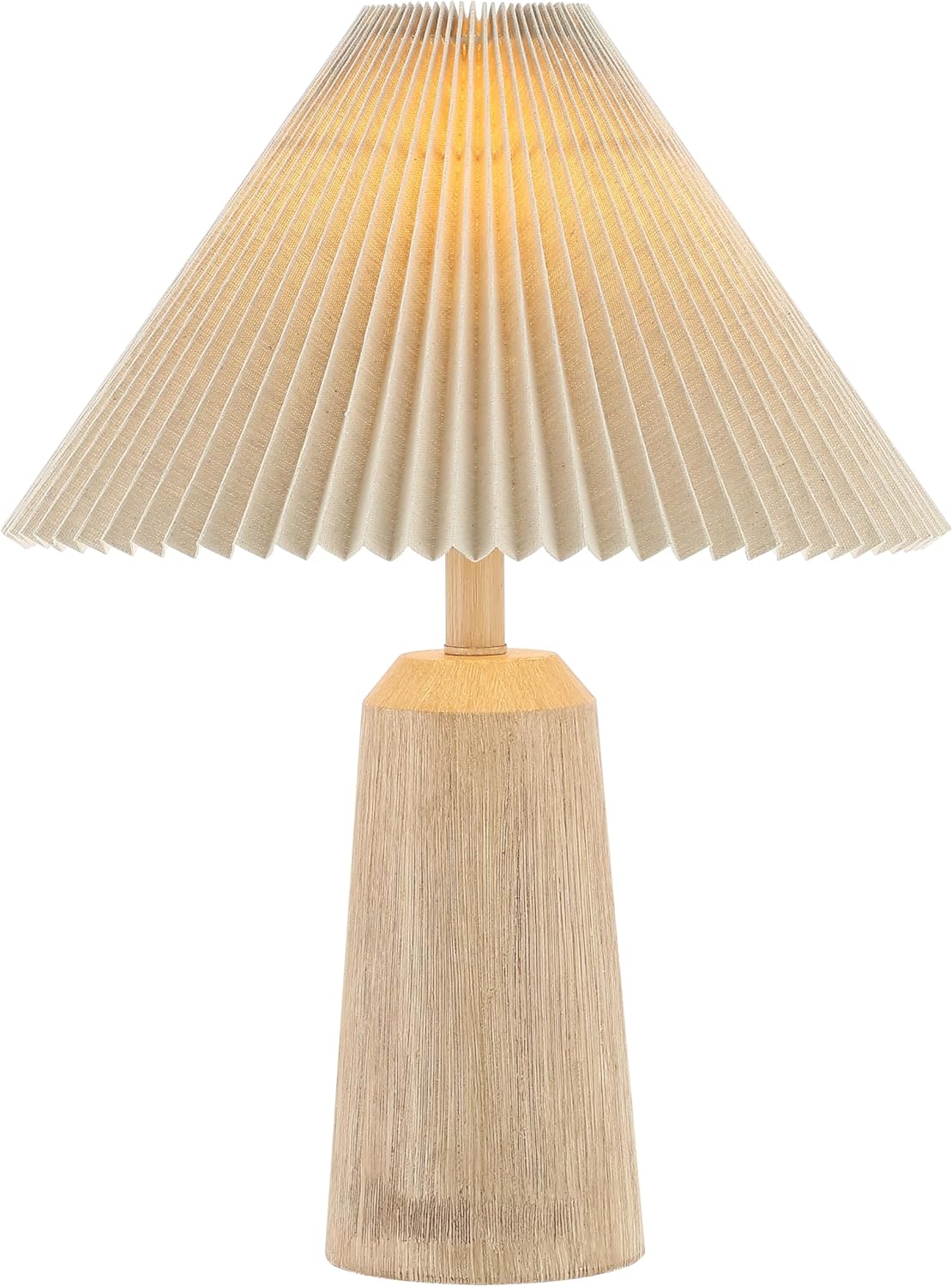 20.5" Beige Wood Finish Resin Cylinder Table Lamp Modern Rustic Scandinavian Bedside Lamp Bedroom with Black Pleated