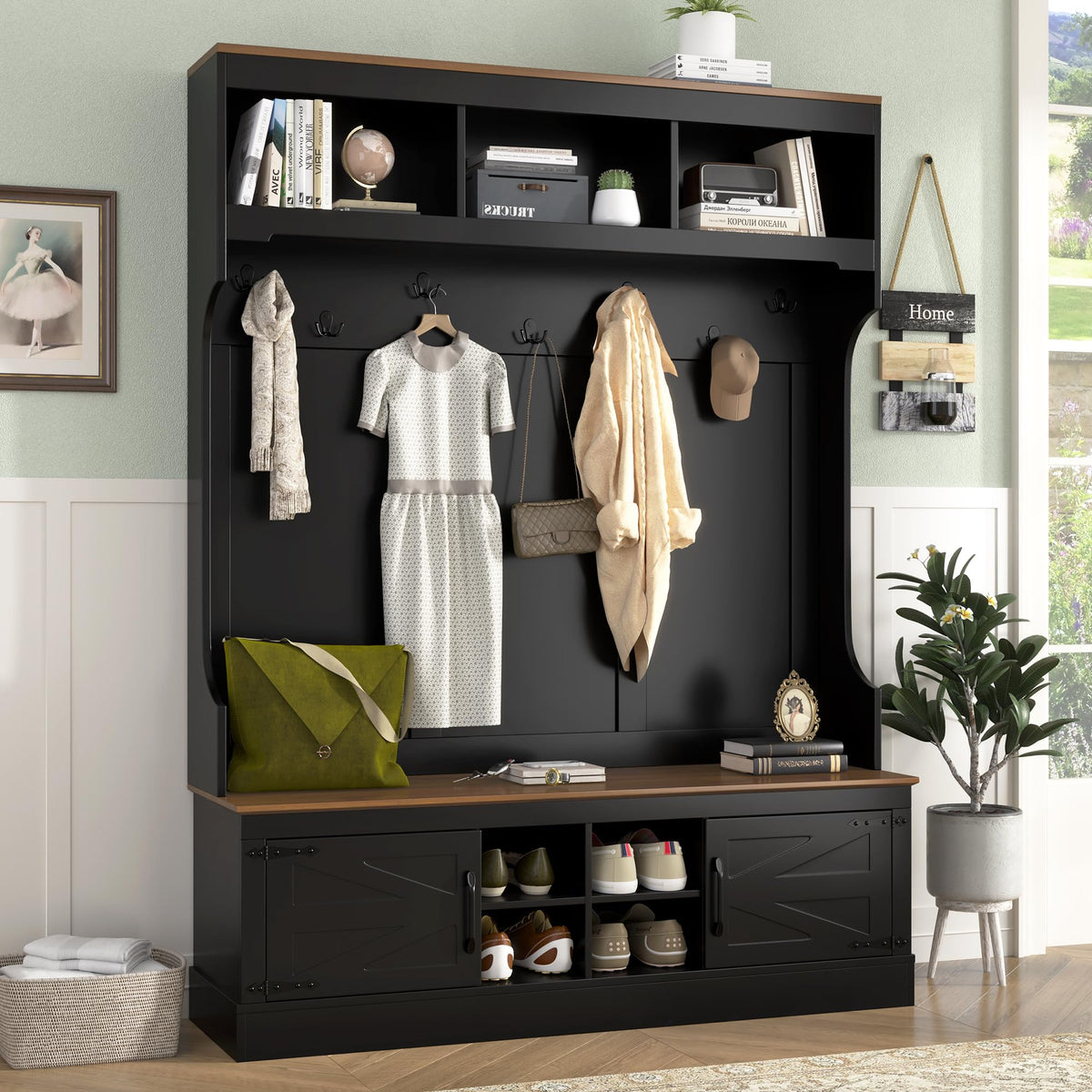 71''H Farmhouse Hall Tree with Bench and Shoe Storage, 5-in-1 Modern Entryway Storage Organizer Cabinet with Rack, 4