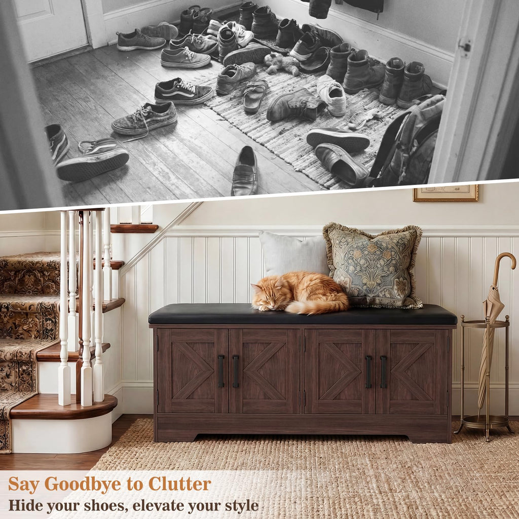 43.3" Farmhouse Shoe Storage Bench with Cushion