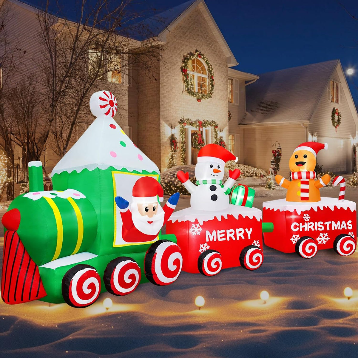 12FT Christmas Inflatable Santa Claus on Train Outdoor Decorations, Lighted Inflatable Christmas Train with Snowman