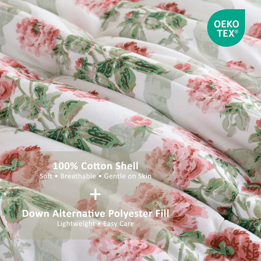 French Country Floral Cotton Queen Comforter Set 3 Piece - Blush Peony Botanical with Sage Leaves & Ribbon on White