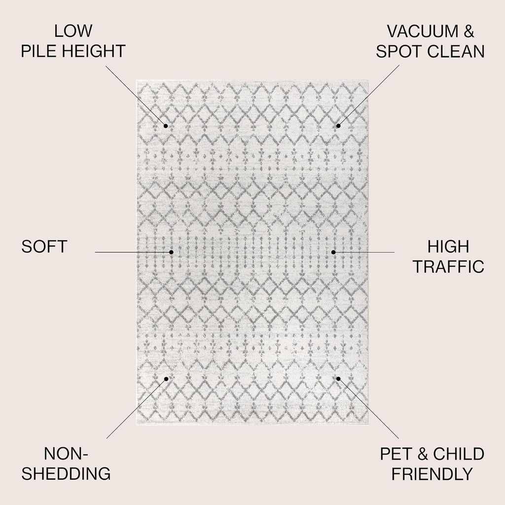 Boho Vintage Diamond Cream/Gray Indoor Area Rug, Moroccan Hype, Easy-Cleaning, High Traffic, Pet-Friendly