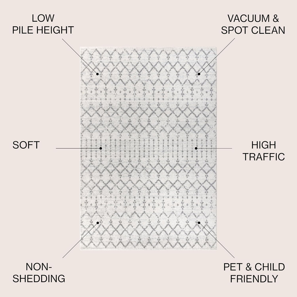 Boho Vintage Diamond Cream/Gray Indoor Area Rug, Moroccan Hype, Easy-Cleaning, High Traffic, Pet-Friendly