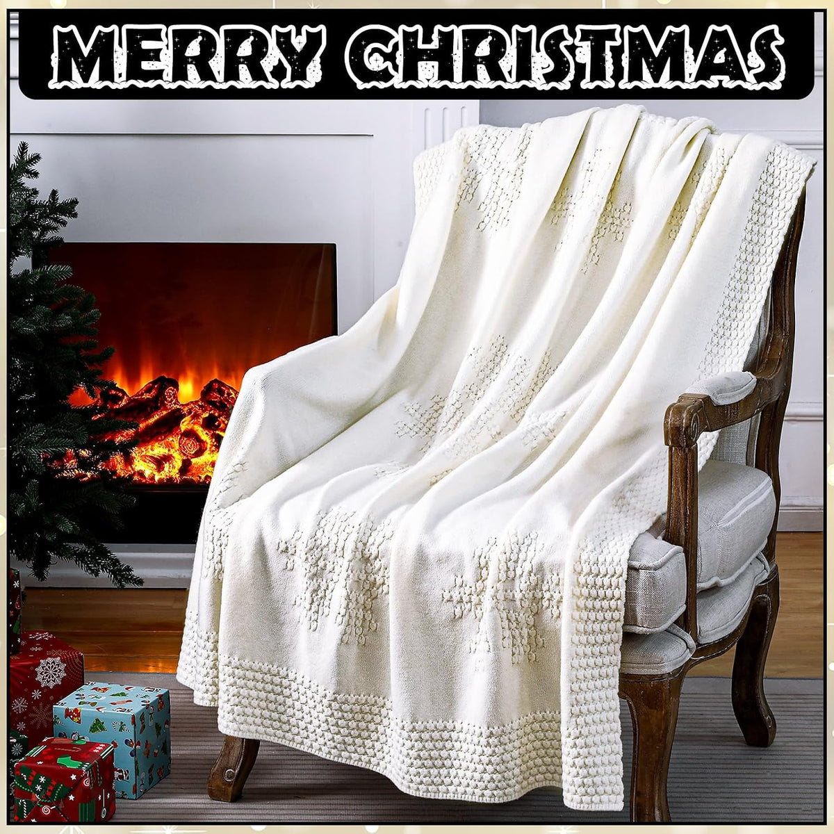 Christmas Crochet Throw Blanket White Knit Snowflake 50x60 Inch