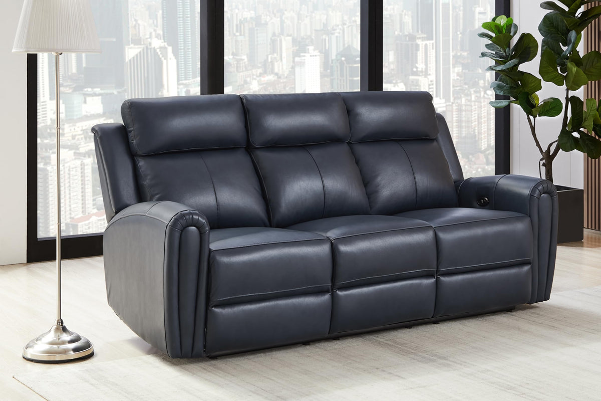 Blue Genuine Leather Power Recliner Sofa Couch with USB Port.