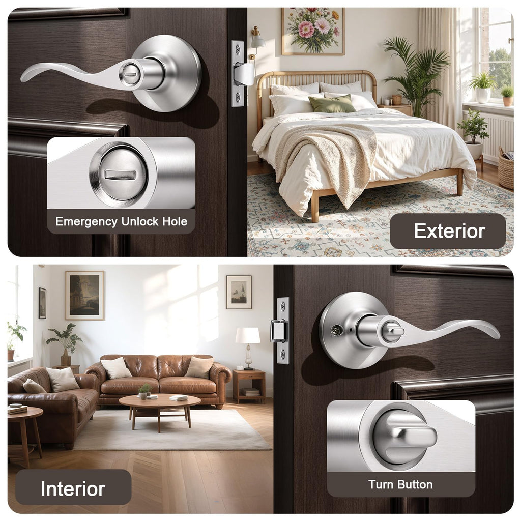 5 Pack Satin Nickel Privacy Door Lever, Modern Interior Door Knobs Locks, Heavy Duty Door Handle, Reversible Wave