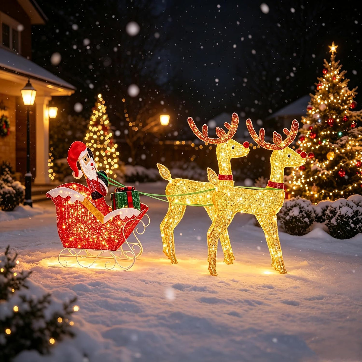 Christmas Lighted Reindeers with Santa Claus Sleigh Set 3FT, 270 LEDs 30V